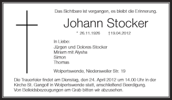 Anzeige von Johann Stocker von Schwäbische Zeitung