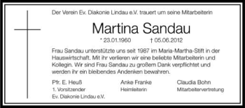 Anzeige von Martina Sandau von Schwäbische Zeitung