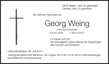 Anzeige von Georg Weing von Schwäbische Zeitung
