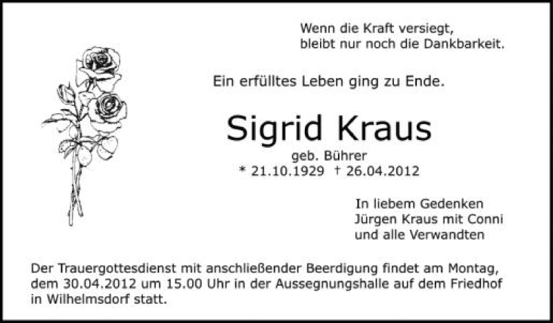  Traueranzeige für Sigrid Kraus vom 28.04.2012 aus Schwäbische Zeitung