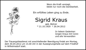 Anzeige von Sigrid Kraus von Schwäbische Zeitung
