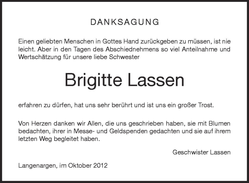  Traueranzeige für Brigitte Lassen vom 09.10.2012 aus Schwäbische Zeitung