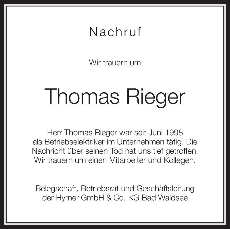  Traueranzeige für Thomas Rieger vom 12.08.2015 aus Schwäbische Zeitung