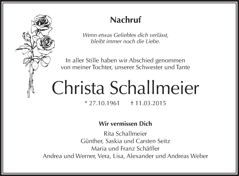  Traueranzeige für Christa Schallmeier vom 25.03.2015 aus Schwäbische Zeitung