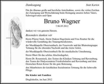 Anzeige von Bruno Wagner von Schwäbische Zeitung