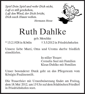 Anzeige von Ruth Dahlke von Schwäbische Zeitung