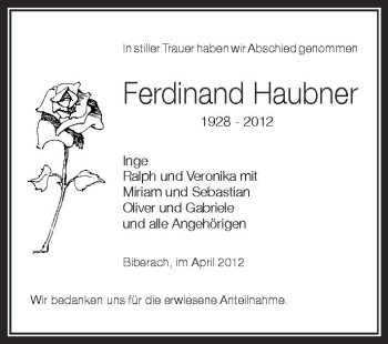 Anzeige von Ferdinand Haubner von Schwäbische Zeitung