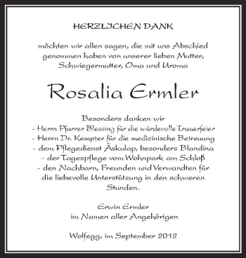 Anzeige von Rosalia Ermler von Schwäbische Zeitung