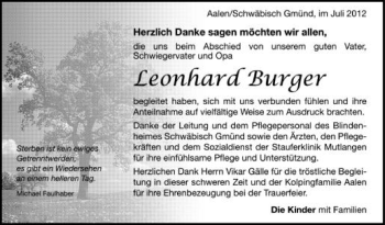 Anzeige von Leonhard Burger von Schwäbische Zeitung