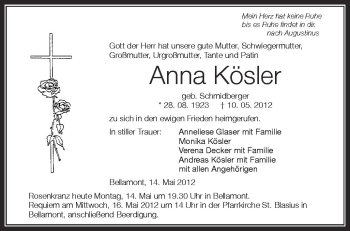 Anzeige von Anna Kösler von Schwäbische Zeitung