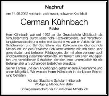 Anzeige von German Kühnbach von Schwäbische Zeitung