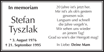 Anzeige von Stefan Tyszlak von Schwäbische Zeitung