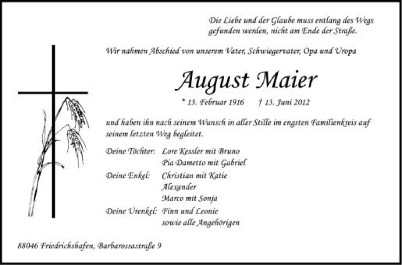  Traueranzeige für August Maier vom 19.06.2012 aus Schwäbische Zeitung