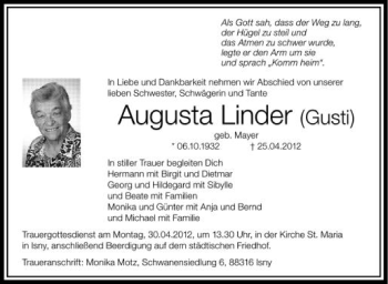 Anzeige von Augusta Linder von Schwäbische Zeitung