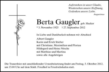 Anzeige von Berta Gaugler von Schwäbische Zeitung