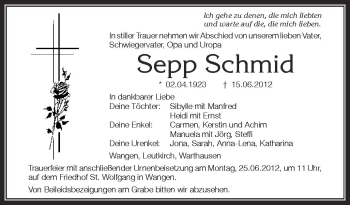 Anzeige von Sepp Schmid von Schwäbische Zeitung