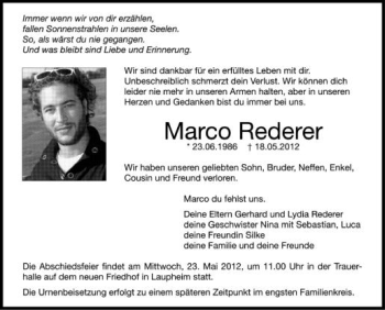 Anzeige von Marco Rederer von Schwäbische Zeitung