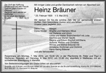 Anzeige von Heinz Bräuner von Schwäbische Zeitung