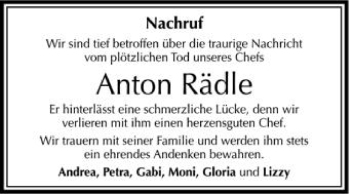 Anzeige von Anton Rädle von Schwäbische Zeitung