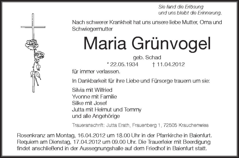  Traueranzeige für Maria Grünvogel vom 13.04.2012 aus Schwäbische Zeitung