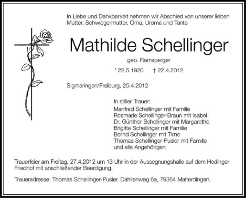  Traueranzeige für Mathilde Schellinger vom 25.04.2012 aus Schwäbische Zeitung