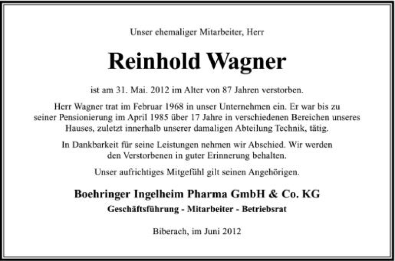  Traueranzeige für Reinhold Wagner vom 08.06.2012 aus Schwäbische Zeitung