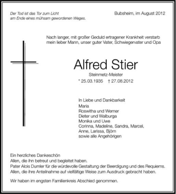 Anzeige von Alfred Stier von Schwäbische Zeitung