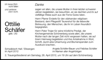 Anzeige von Ottilie Schäfer von Schwäbische Zeitung