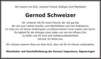 Anzeige von Gernod Schweizer von Schwäbische Zeitung