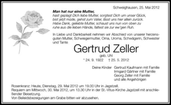 Anzeige von Gertrud Zeller von Schwäbische Zeitung