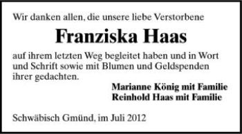 Anzeige von Franziska Haas von Schwäbische Zeitung