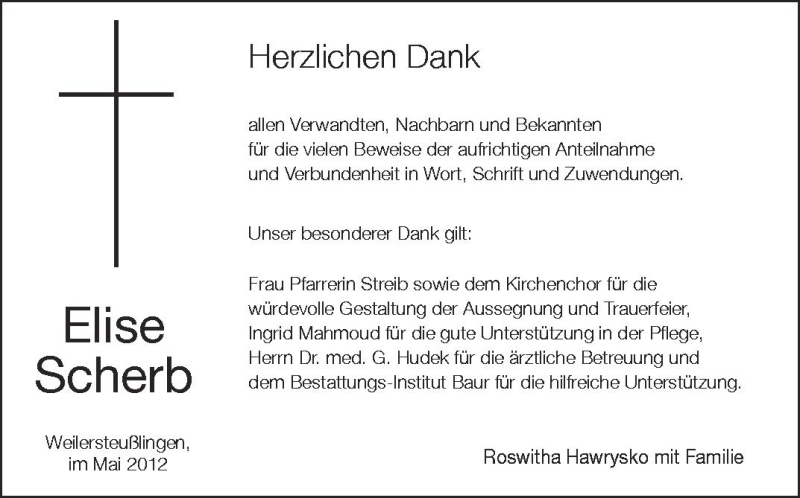  Traueranzeige für Elise Scherb vom 10.05.2012 aus Schwäbische Zeitung