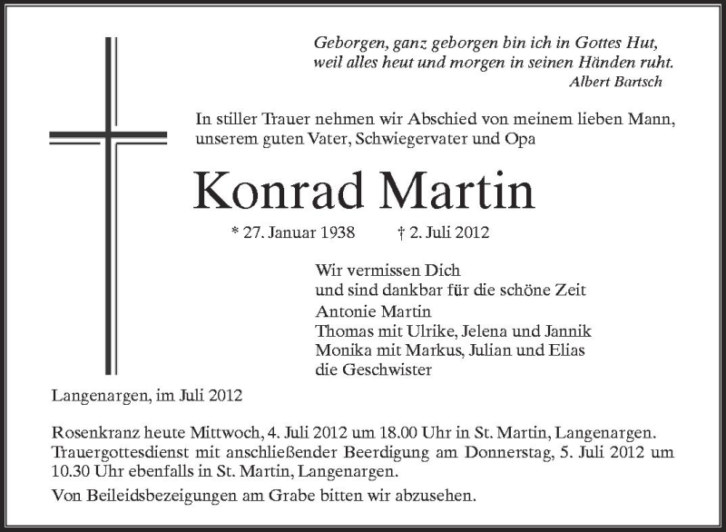  Traueranzeige für Konrad Martin vom 04.07.2012 aus Schwäbische Zeitung