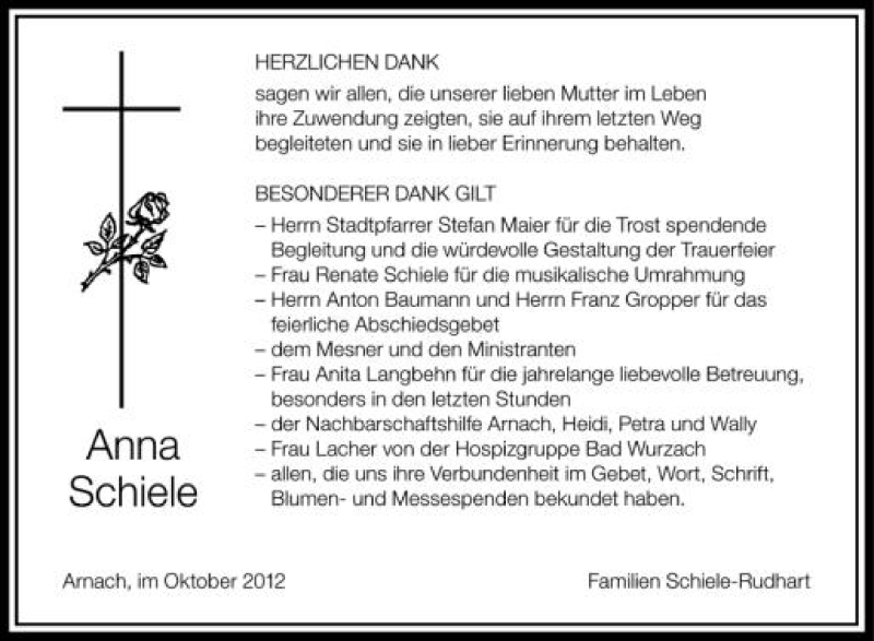  Traueranzeige für Anna Schiele vom 06.10.2012 aus Schwäbische Zeitung