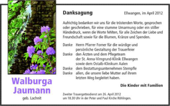 Anzeige von Walburga Jaumann von Schwäbische Zeitung