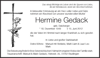 Anzeige von Hermine Gedack von Schwäbische Zeitung