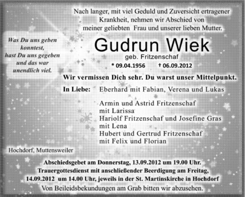  Traueranzeige für Gudrun Wiek vom 12.09.2012 aus Schwäbische Zeitung