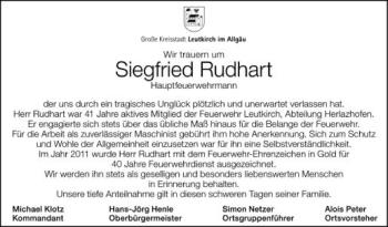 Anzeige von Siegfried Rudhart von Schwäbische Zeitung