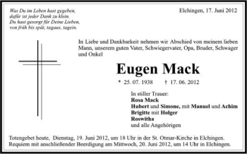 Anzeige von Eugen Mack von Schwäbische Zeitung