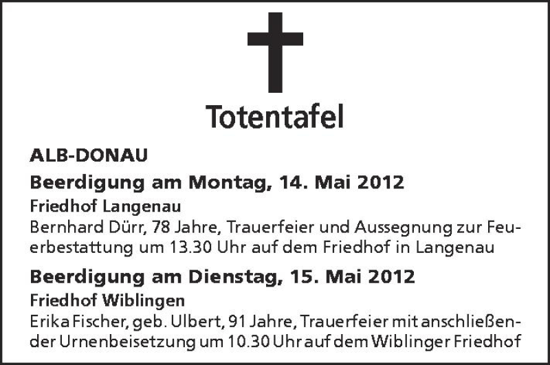  Traueranzeige für 6359424101  vom 12.05.2012 aus Schwäbische Zeitung