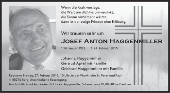 Anzeige von Josef Anton  Haggenmiller von Schwäbische Zeitung