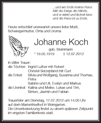 Anzeige von Johanne Koch von Schwäbische Zeitung