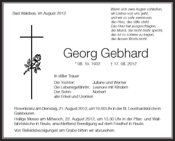 Anzeige von Georg Gebhard von Schwäbische Zeitung
