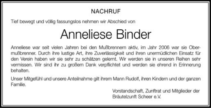  Traueranzeige für Anneliese Binder vom 02.08.2012 aus Schwäbische Zeitung