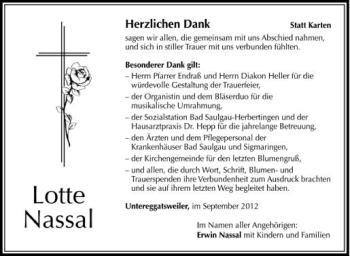 Anzeige von Lotte  Nassal von Schwäbische Zeitung