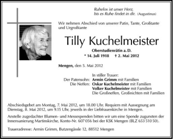 Anzeige von Tilly Kuchelmeister von Schwäbische Zeitung