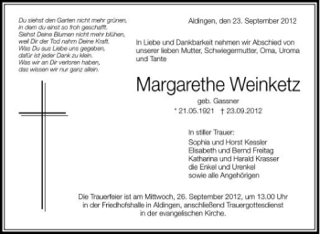 Anzeige von Margarethe Weinketz von Schwäbische Zeitung
