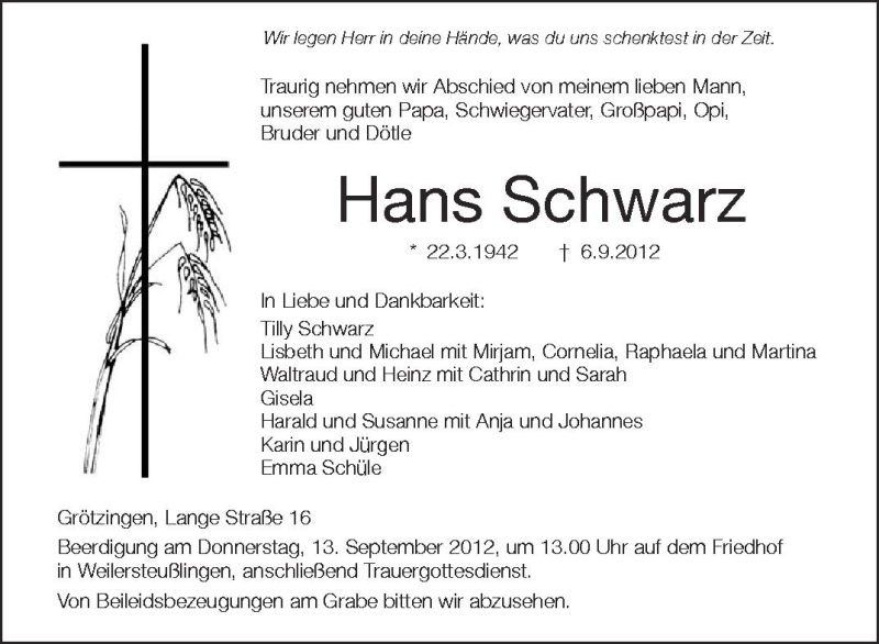  Traueranzeige für Hans Schwarz vom 10.09.2012 aus Schwäbische Zeitung