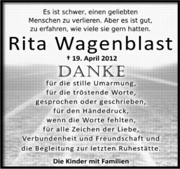 Anzeige von Rita Wagenblast von Schwäbische Zeitung