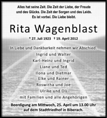 Anzeige von Rita Wagenblast von Schwäbische Zeitung
